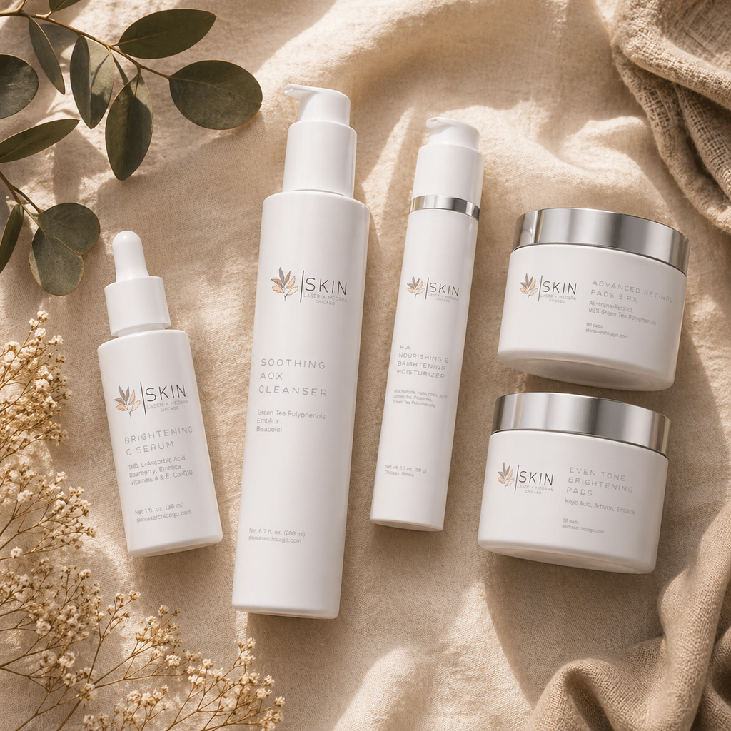 Brightening Radiance Ritual System bundle - 5 products on tan linen blanket
